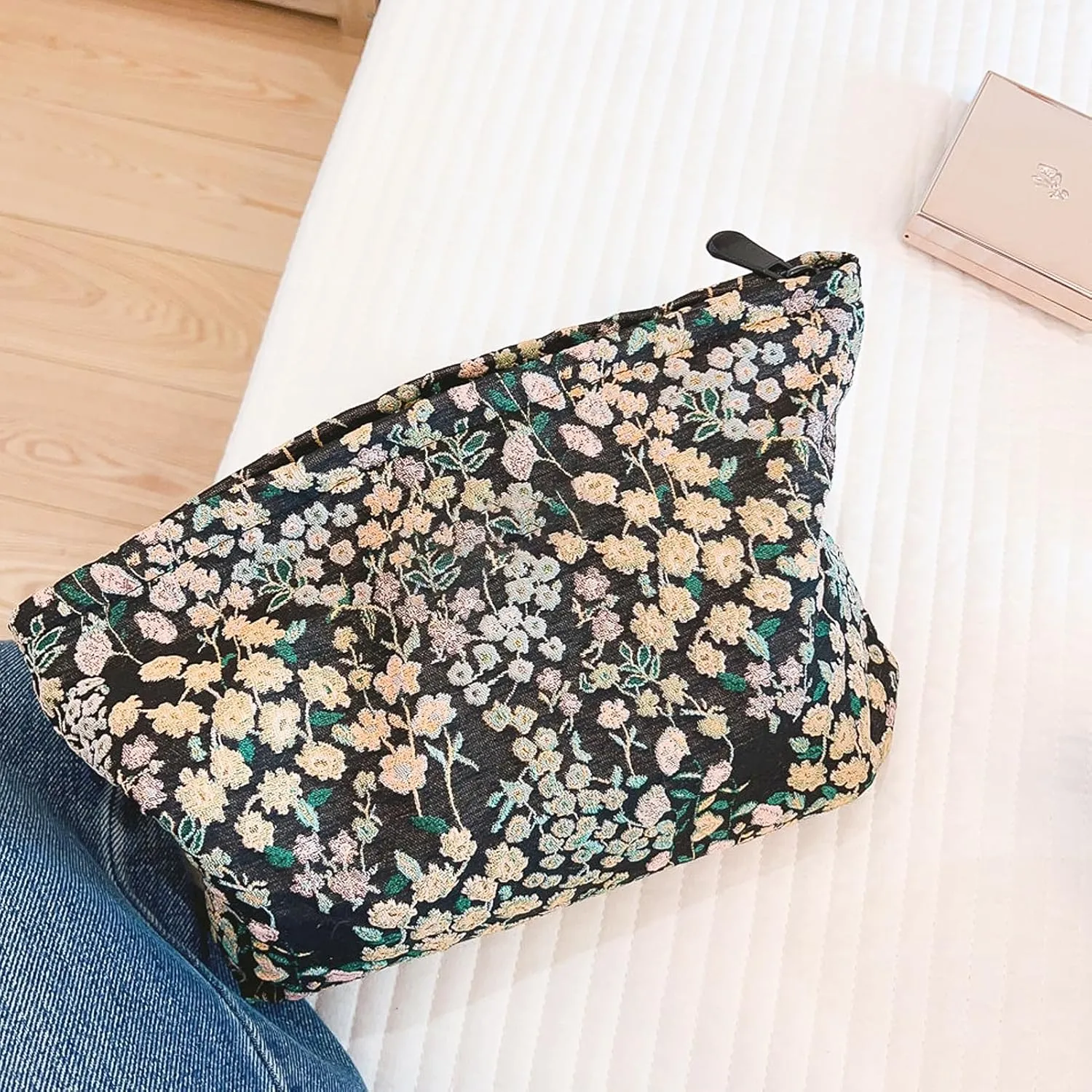 Women Aesthetic Travel Makeup Bag Accessory Zipper Pouch for Cosmetics, Purse Organizer, Embroidery Lucky Flowers Black