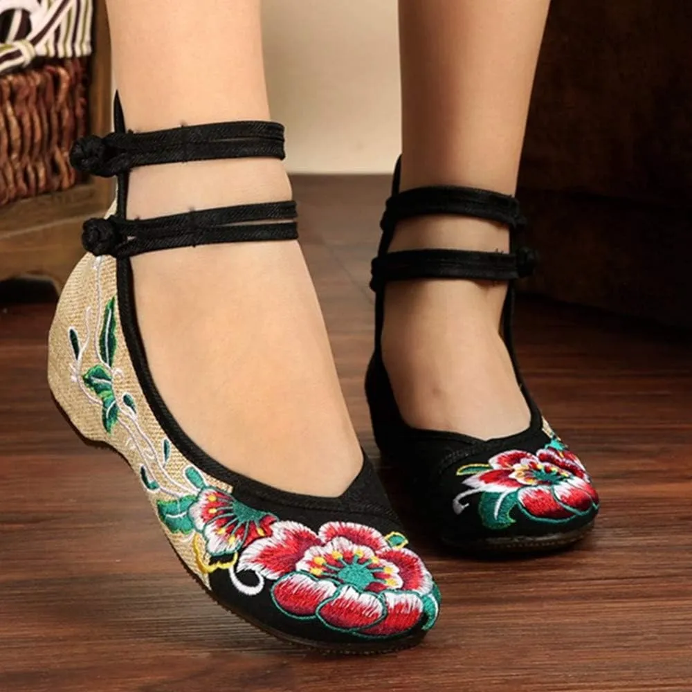 Women Chinese Embroidered Flower Flat Bridal Mary Jane Ballet Shoes