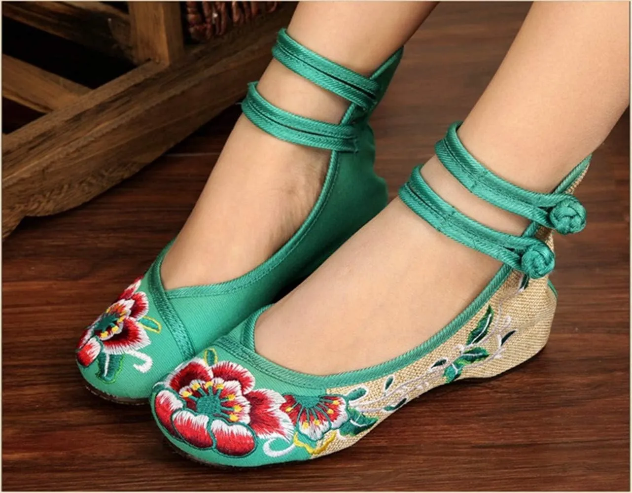 Women Chinese Embroidered Flower Flat Bridal Mary Jane Ballet Shoes