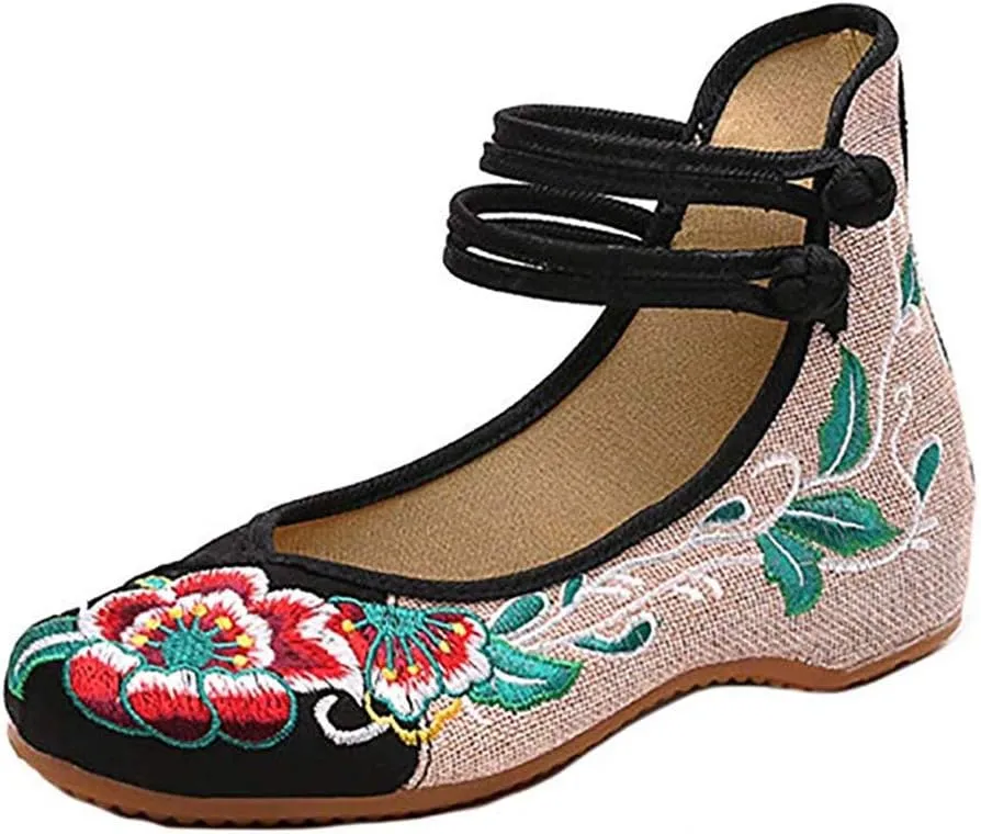 Women Chinese Embroidered Flower Flat Bridal Mary Jane Ballet Shoes