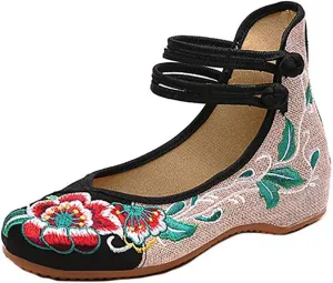 Women Chinese Embroidered Flower Flat Bridal Mary Jane Ballet Shoes