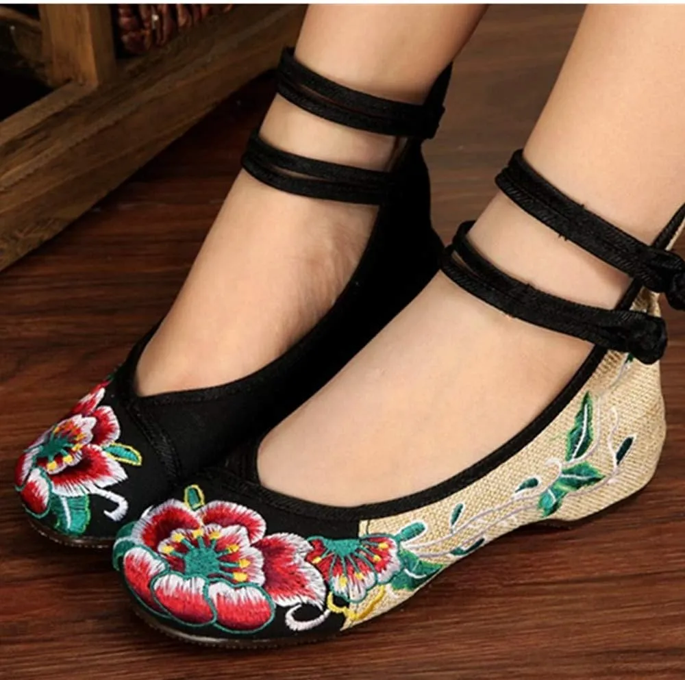 Women Chinese Embroidered Flower Flat Bridal Mary Jane Ballet Shoes