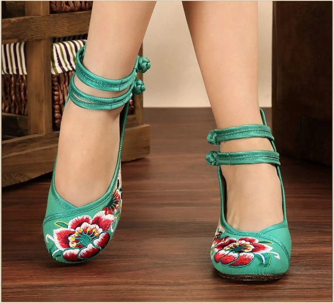 Women Chinese Embroidered Flower Flat Bridal Mary Jane Ballet Shoes