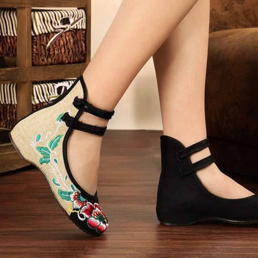Women Chinese Embroidered Flower Flat Bridal Mary Jane Ballet Shoes
