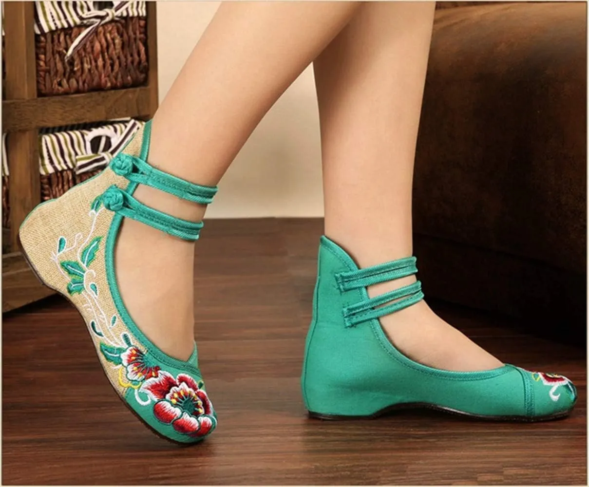Women Chinese Embroidered Flower Flat Bridal Mary Jane Ballet Shoes