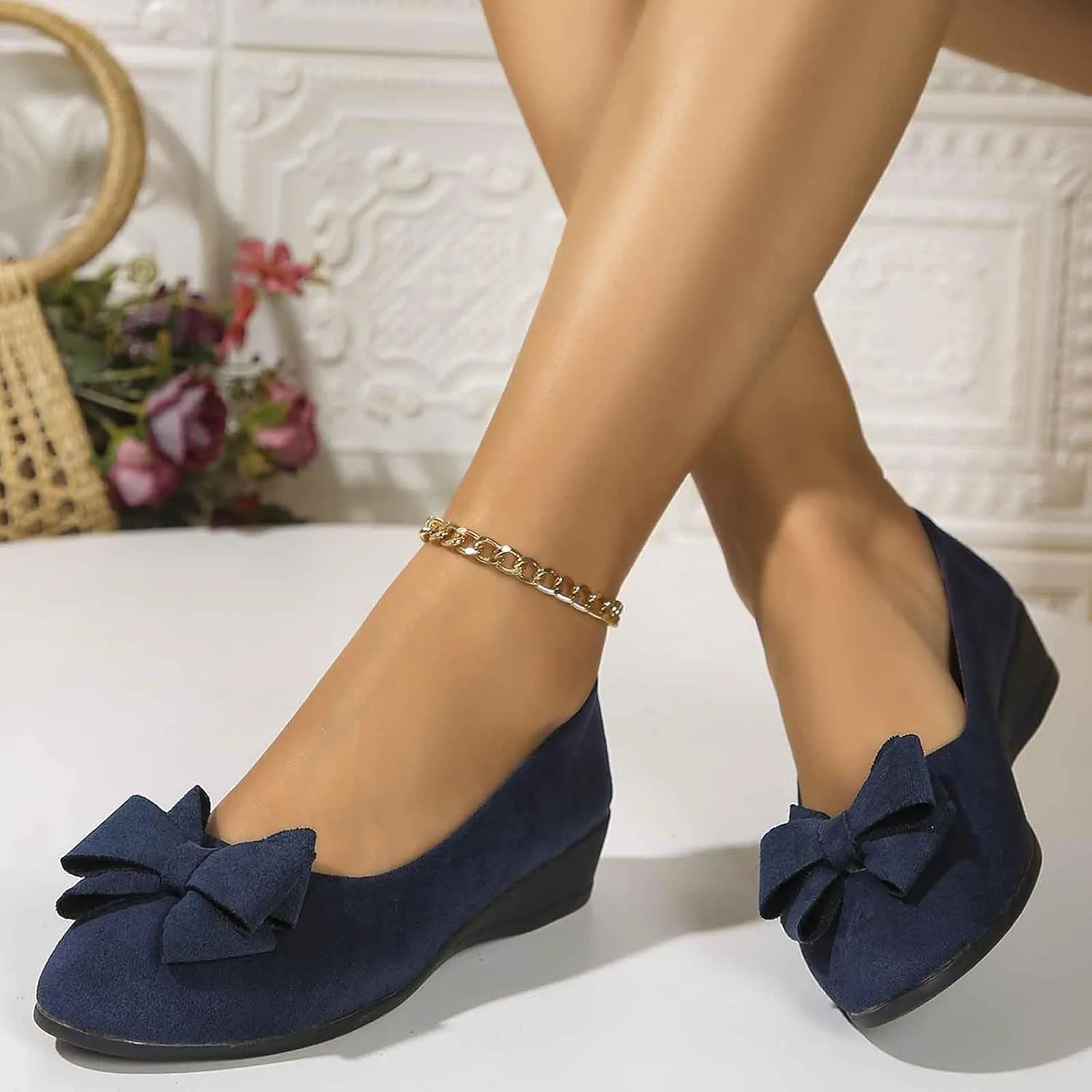 Women Flats Shoes Dressy Comfortable Dressy Black Wide Width Low Wedge Walking Ballet Flats with Bowknot, Work Flat Office Shoes Round Toe Suede Mary Jane