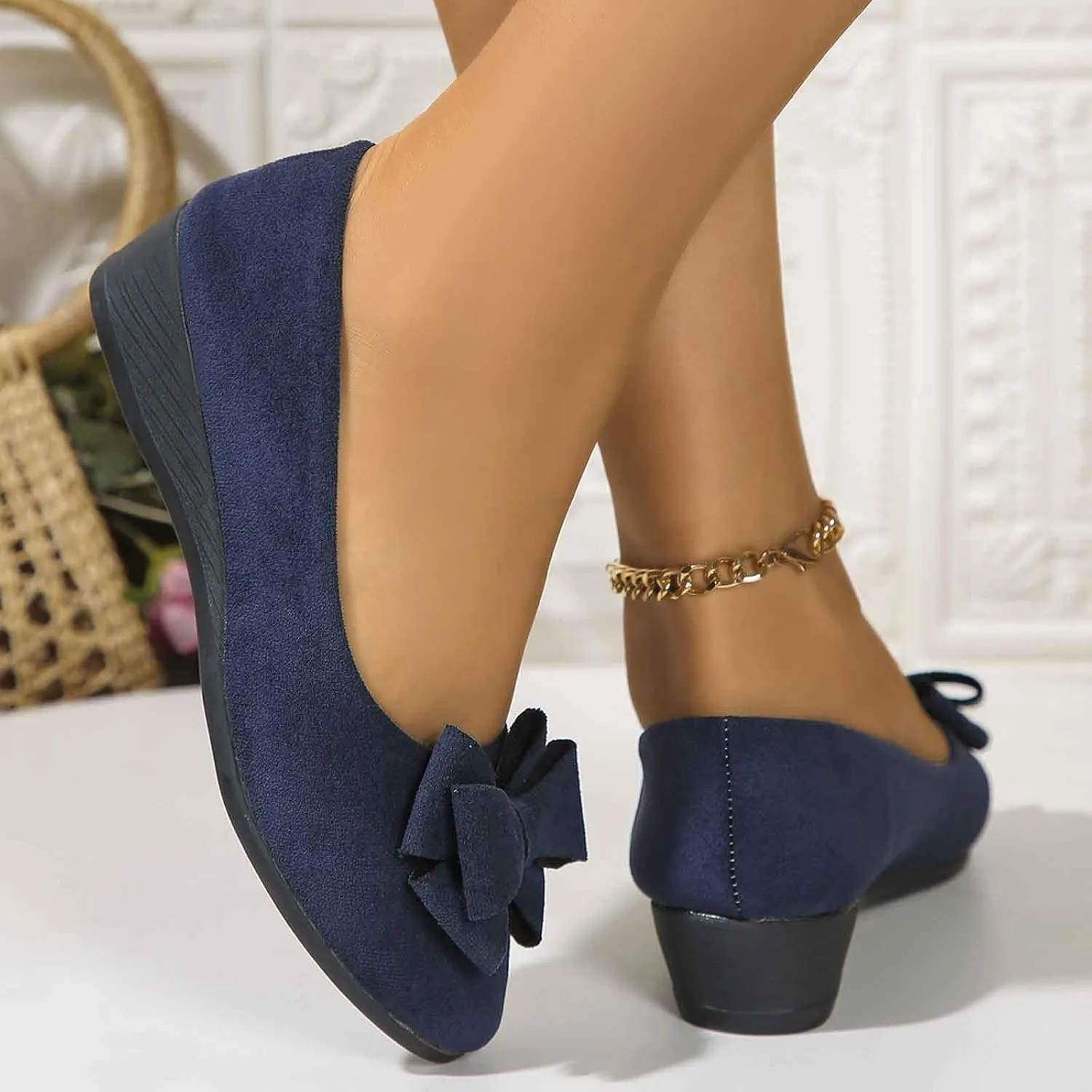 Women Flats Shoes Dressy Comfortable Dressy Black Wide Width Low Wedge Walking Ballet Flats with Bowknot, Work Flat Office Shoes Round Toe Suede Mary Jane
