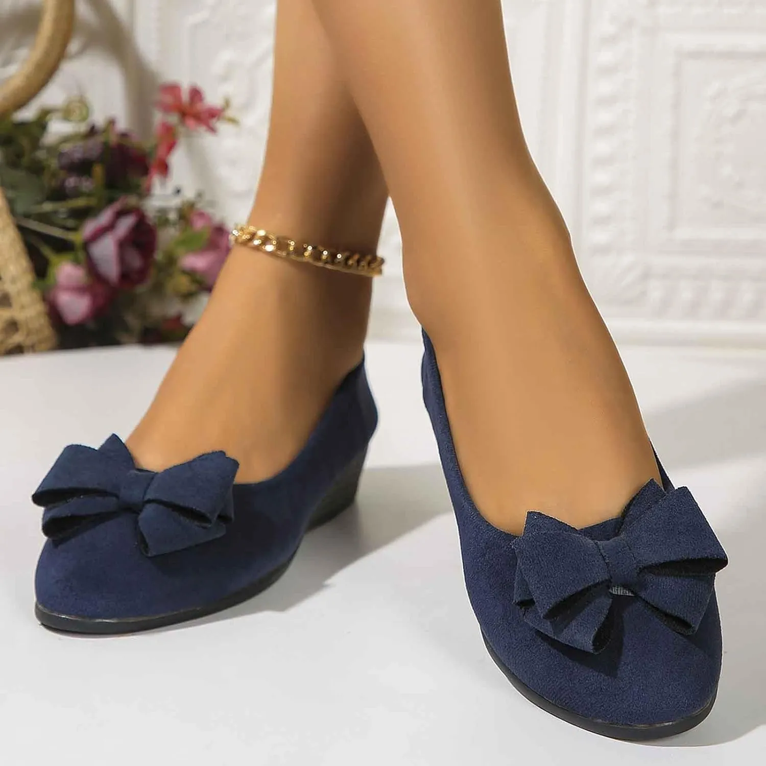Women Flats Shoes Dressy Comfortable Dressy Black Wide Width Low Wedge Walking Ballet Flats with Bowknot, Work Flat Office Shoes Round Toe Suede Mary Jane