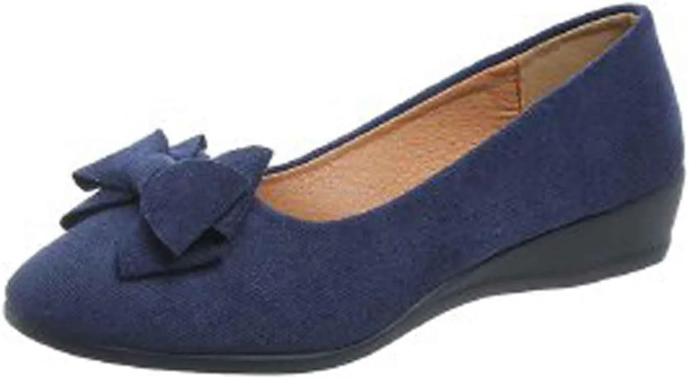 Women Flats Shoes Dressy Comfortable Dressy Black Wide Width Low Wedge Walking Ballet Flats with Bowknot, Work Flat Office Shoes Round Toe Suede Mary Jane