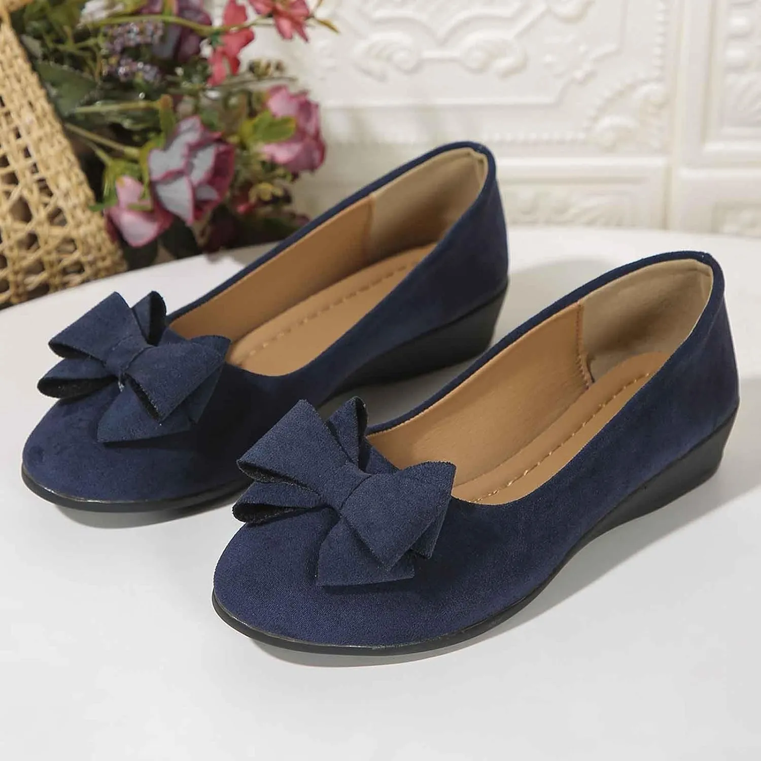 Women Flats Shoes Dressy Comfortable Dressy Black Wide Width Low Wedge Walking Ballet Flats with Bowknot, Work Flat Office Shoes Round Toe Suede Mary Jane