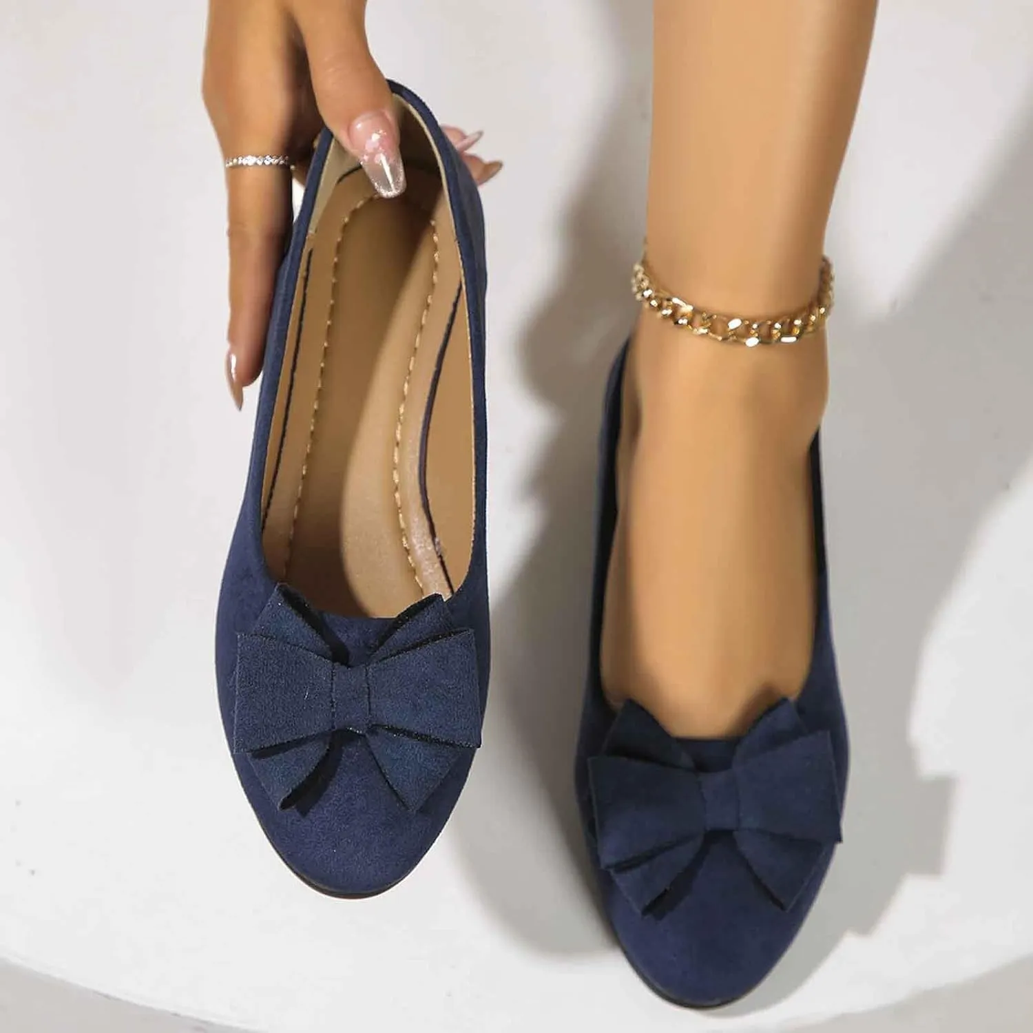 Women Flats Shoes Dressy Comfortable Dressy Black Wide Width Low Wedge Walking Ballet Flats with Bowknot, Work Flat Office Shoes Round Toe Suede Mary Jane