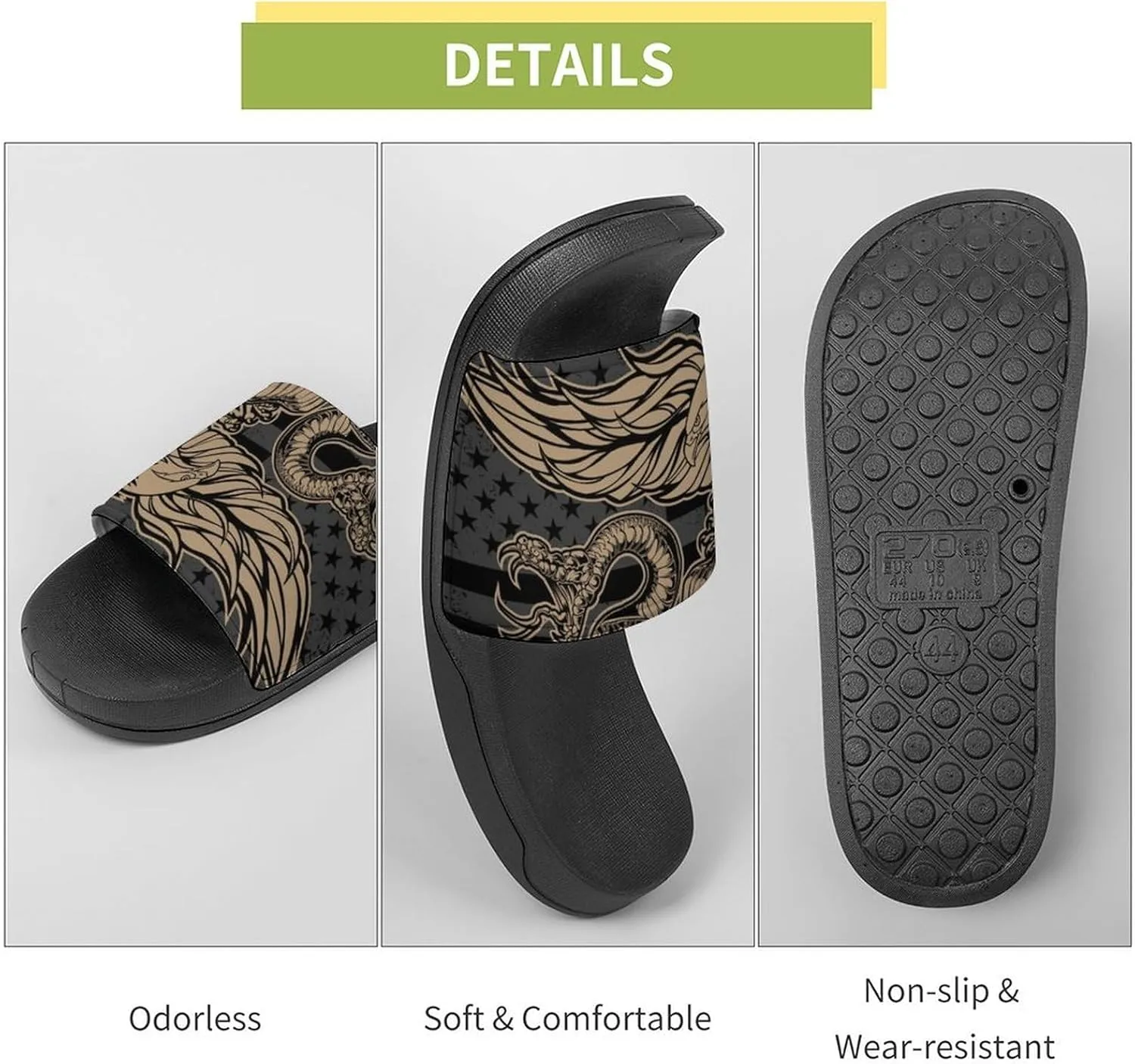 Women Men Slide Slippers Sandals Shower Home Beach House Shoes Gifts, Snake And Eagle Flag USA America