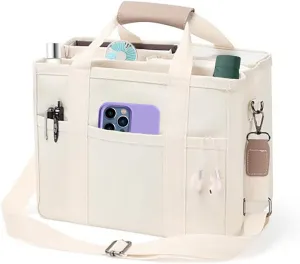 Women Multi-pocket Canvas Tote Bag Large Capacity Shoulder Crossbody Handbag With Compartments