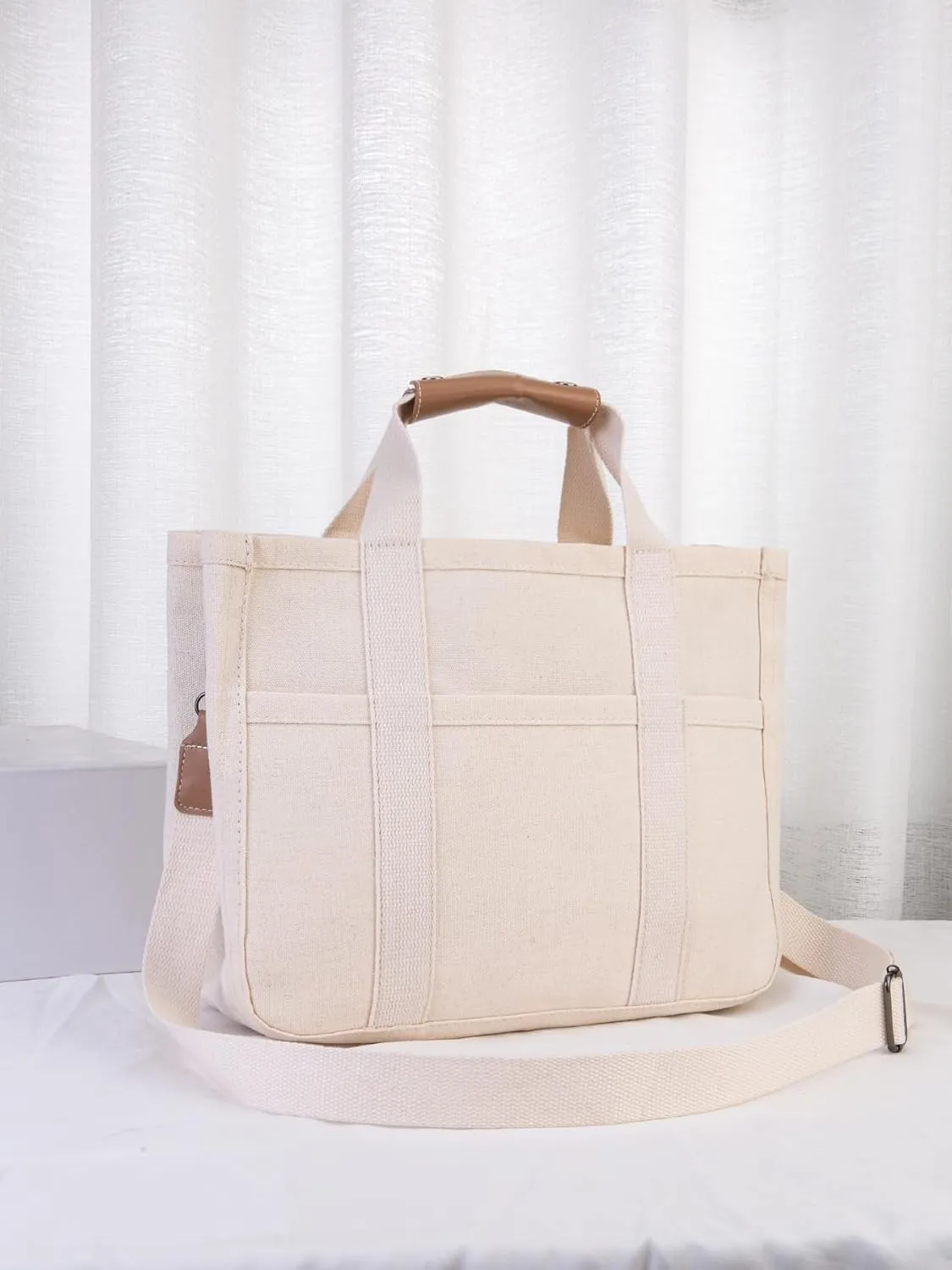 Women Multi-pocket Canvas Tote Bag Large Capacity Shoulder Crossbody Handbag With Compartments