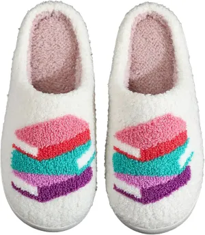 Women Retro Colorful Books Slippers Plush Warm House Slippers,Casual Home Shoes Soft Plush Slip-on Slippers Outdoor Indoor Bedroom Shoes