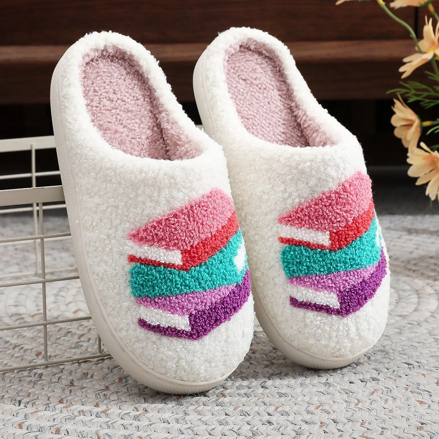Women Retro Colorful Books Slippers Plush Warm House Slippers,Casual Home Shoes Soft Plush Slip-on Slippers Outdoor Indoor Bedroom Shoes
