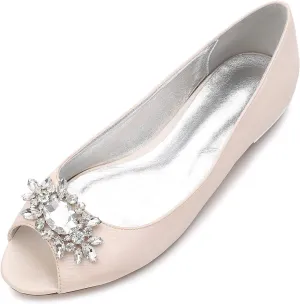 Women Satin Rhinestones Wedding Flat Peep Toe Slip on Formal Party Dress Flat Shoes 5049-30