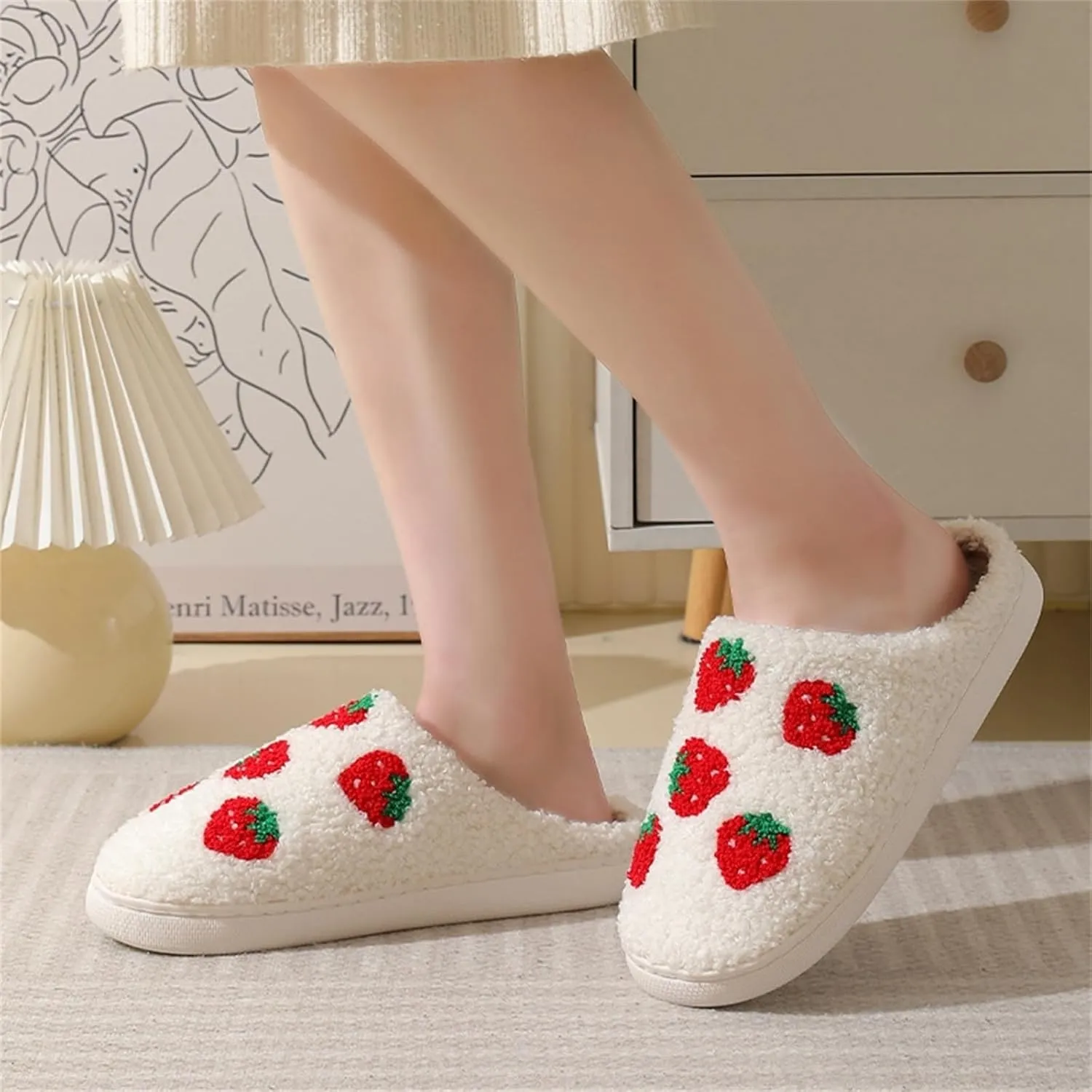 Women Slippers Cute House Slippers Strawberry Slippers Comfy Soft Bedroom Shoes Warm Fuzzy Slip-On Slippers Indoor Non-slip Plush Bedroom Slippers, E-24TX001