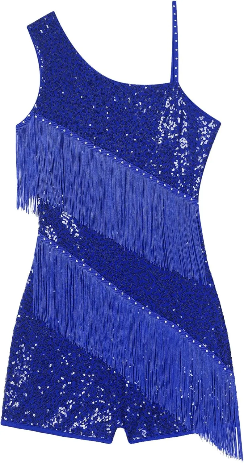 Women Tassel Latin Dance Dress Irregular Shoulder Flapper Dress Cocktail Dress Samba Ballroom Costume