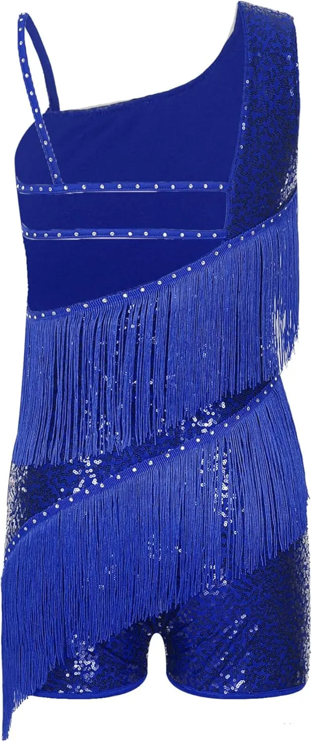 Women Tassel Latin Dance Dress Irregular Shoulder Flapper Dress Cocktail Dress Samba Ballroom Costume