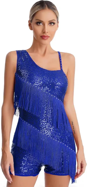 Women Tassel Latin Dance Dress Irregular Shoulder Flapper Dress Cocktail Dress Samba Ballroom Costume