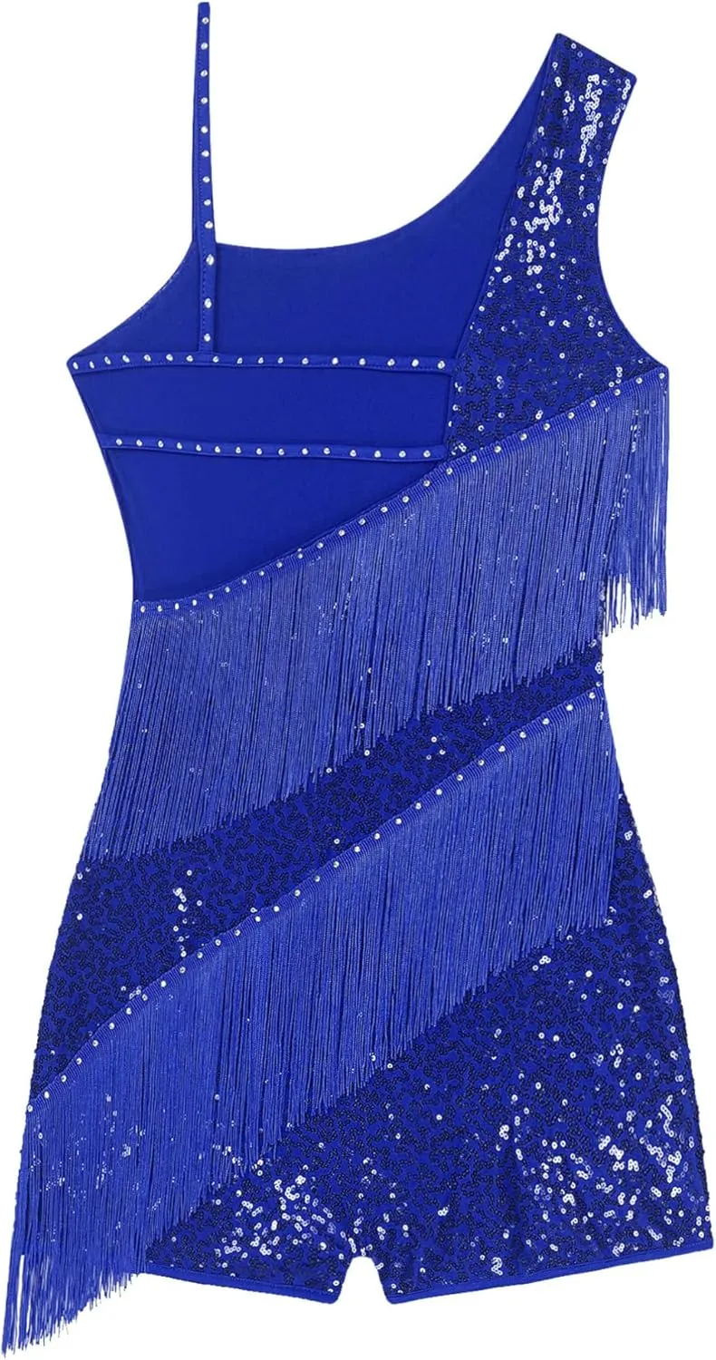 Women Tassel Latin Dance Dress Irregular Shoulder Flapper Dress Cocktail Dress Samba Ballroom Costume