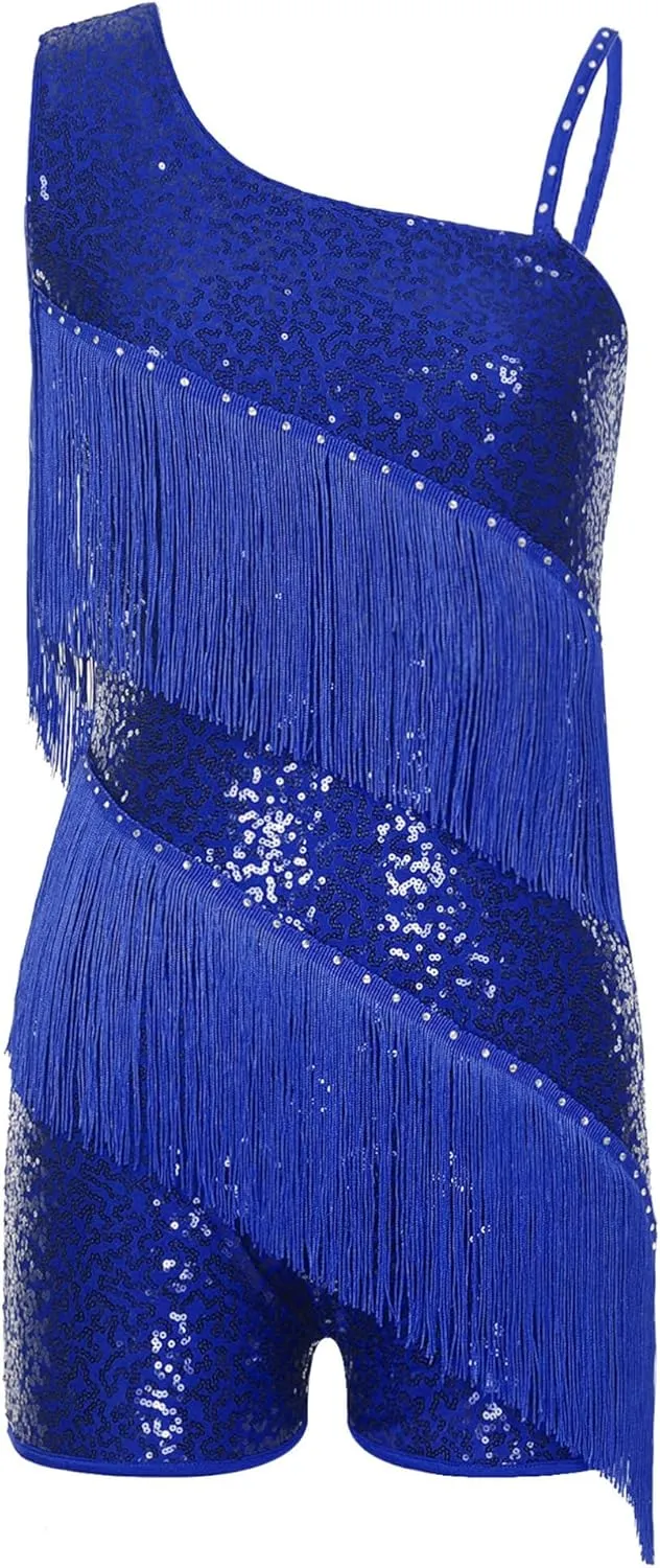Women Tassel Latin Dance Dress Irregular Shoulder Flapper Dress Cocktail Dress Samba Ballroom Costume