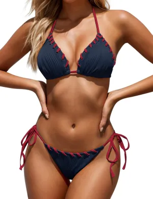 Women Two Piece Bikini Swimsuit Color Block Bathing Suits Halter Triangle String Bikini Sets