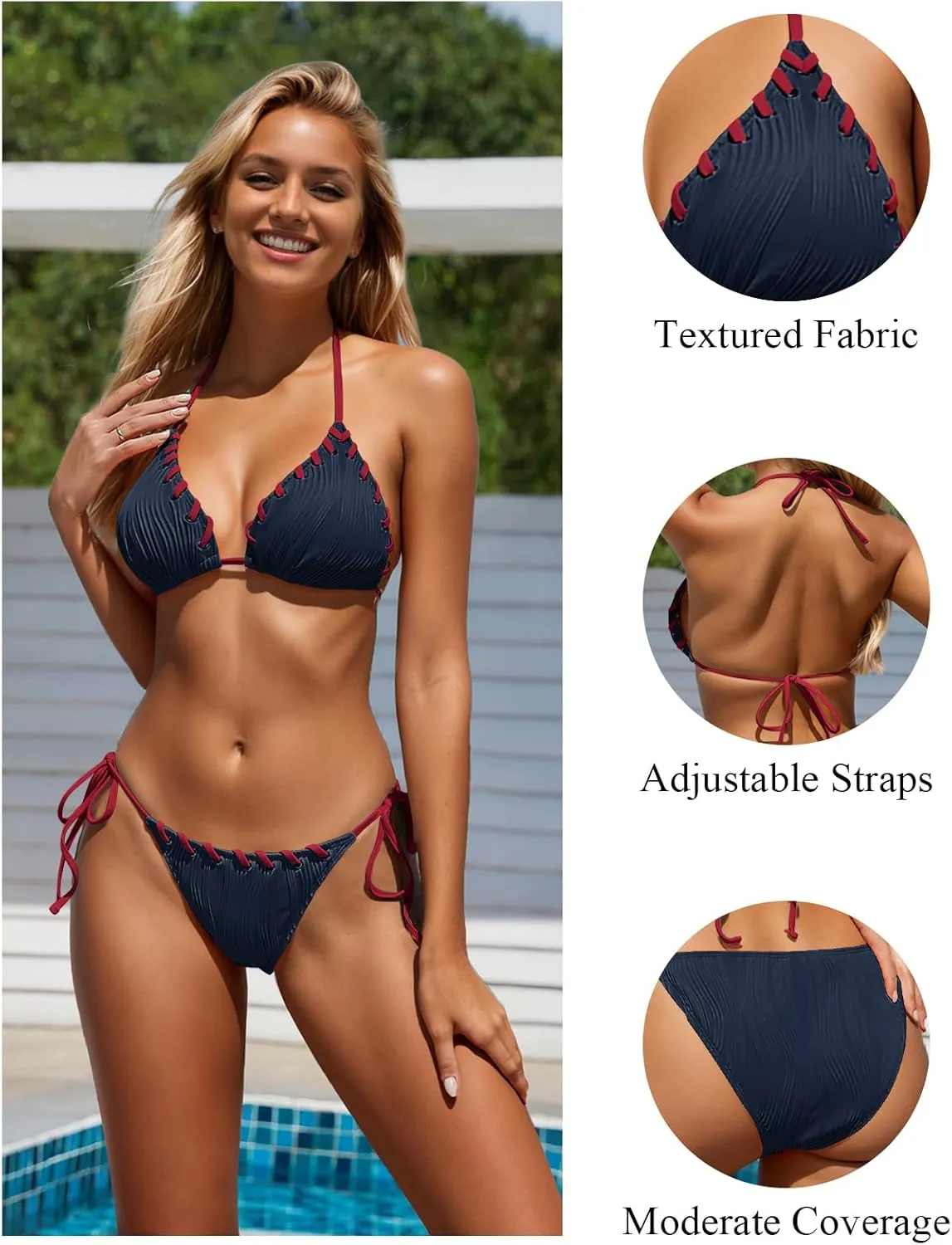 Women Two Piece Bikini Swimsuit Color Block Bathing Suits Halter Triangle String Bikini Sets