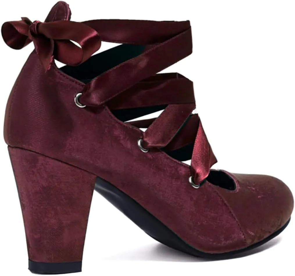 Women Velvet Chunky High Heels Pumps Round Toe Ballet Pumps Bow Strappy 3 inch Block Heel Dress Shoes Elegant Lace Up Dress Shoes Cross Strap Party Evening Heels 4-11 M US