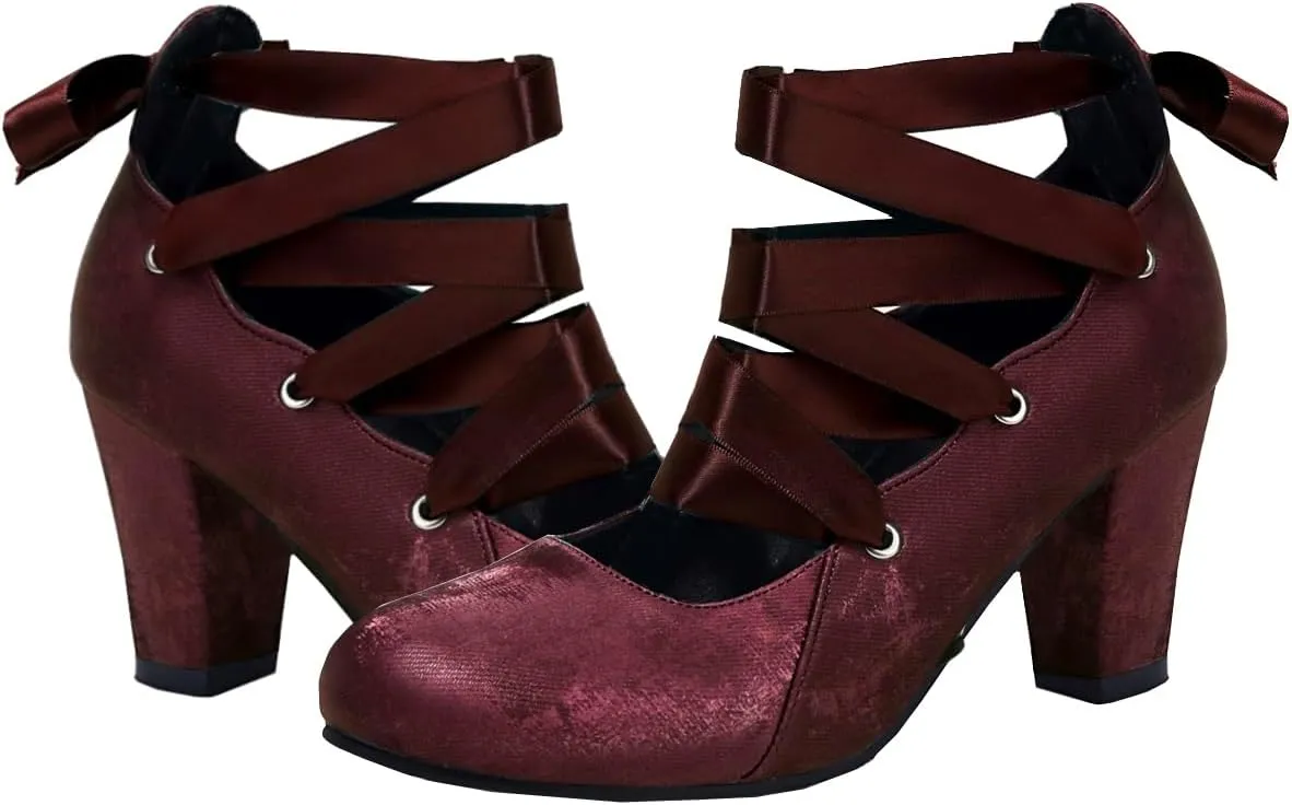 Women Velvet Chunky High Heels Pumps Round Toe Ballet Pumps Bow Strappy 3 inch Block Heel Dress Shoes Elegant Lace Up Dress Shoes Cross Strap Party Evening Heels 4-11 M US