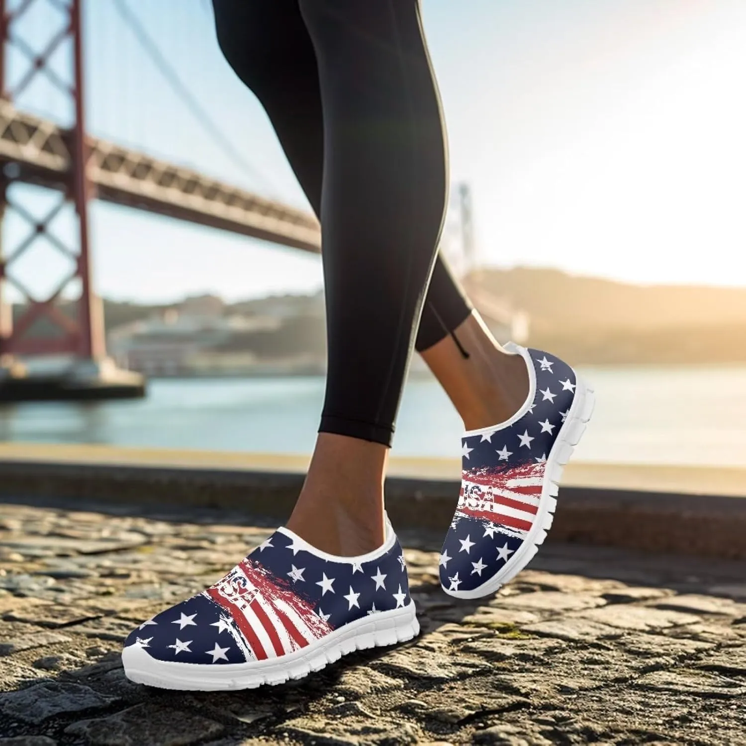 Women's American Flag Sneaker Slip On Low Top Soft Casual Breathable Mesh Outdoor Lightweight Flat Walking Sneaker
