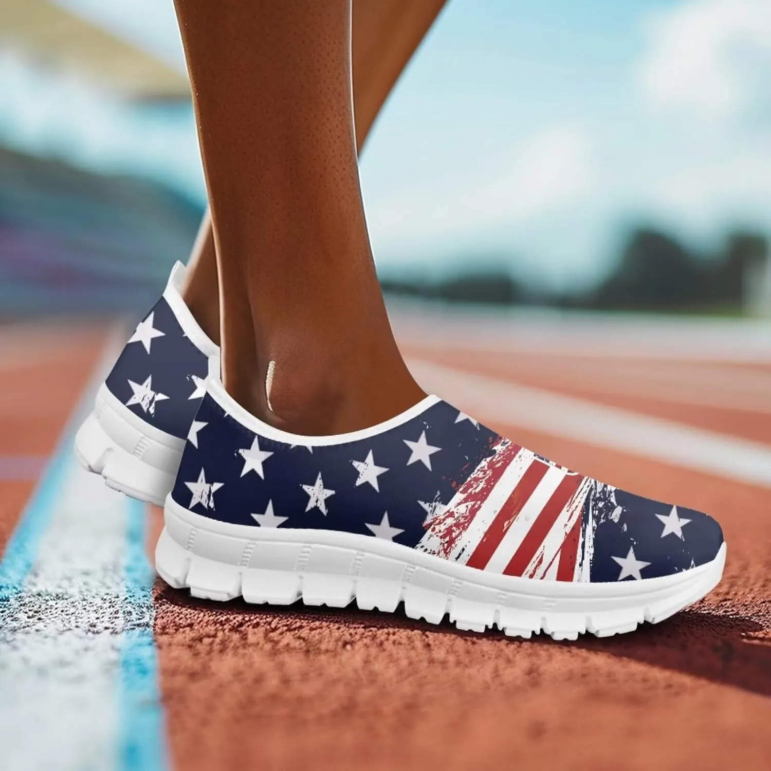 Women's American Flag Sneaker Slip On Low Top Soft Casual Breathable Mesh Outdoor Lightweight Flat Walking Sneaker