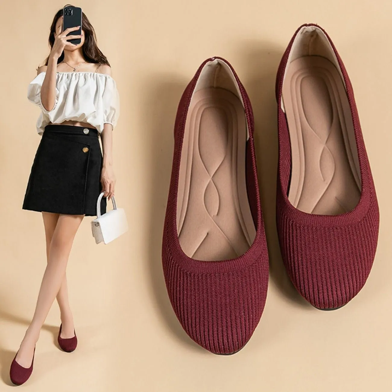Women's Ballet Flat Shoes Casual Strap Knit Flats Round Toe Wedding Flats