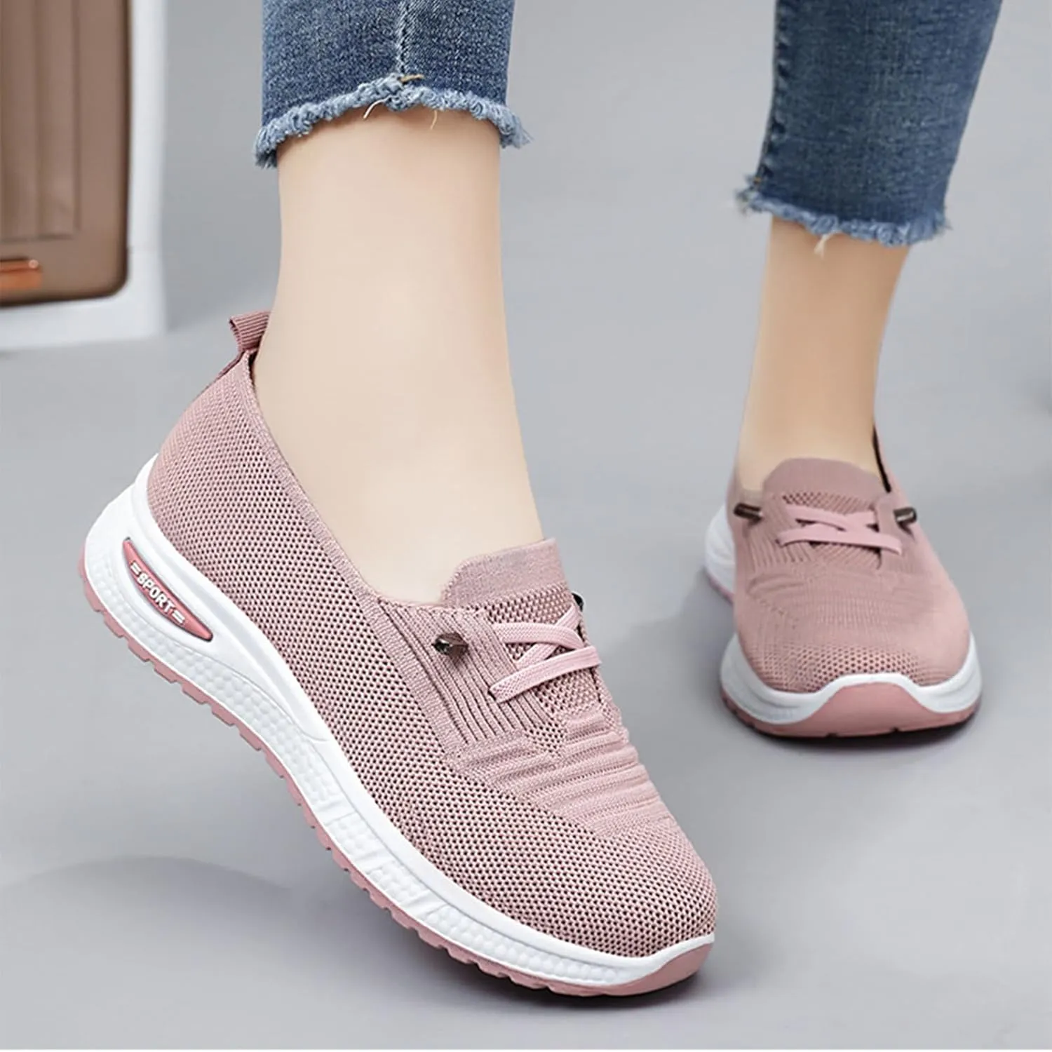 Women's Breathable Knitted Mesh Slip-On Loafers Lace Up Lightweight Orthopedic Low Top Soft Sole Sneakers Platform Non-Slip Outdoor Sport Tennis Shoes