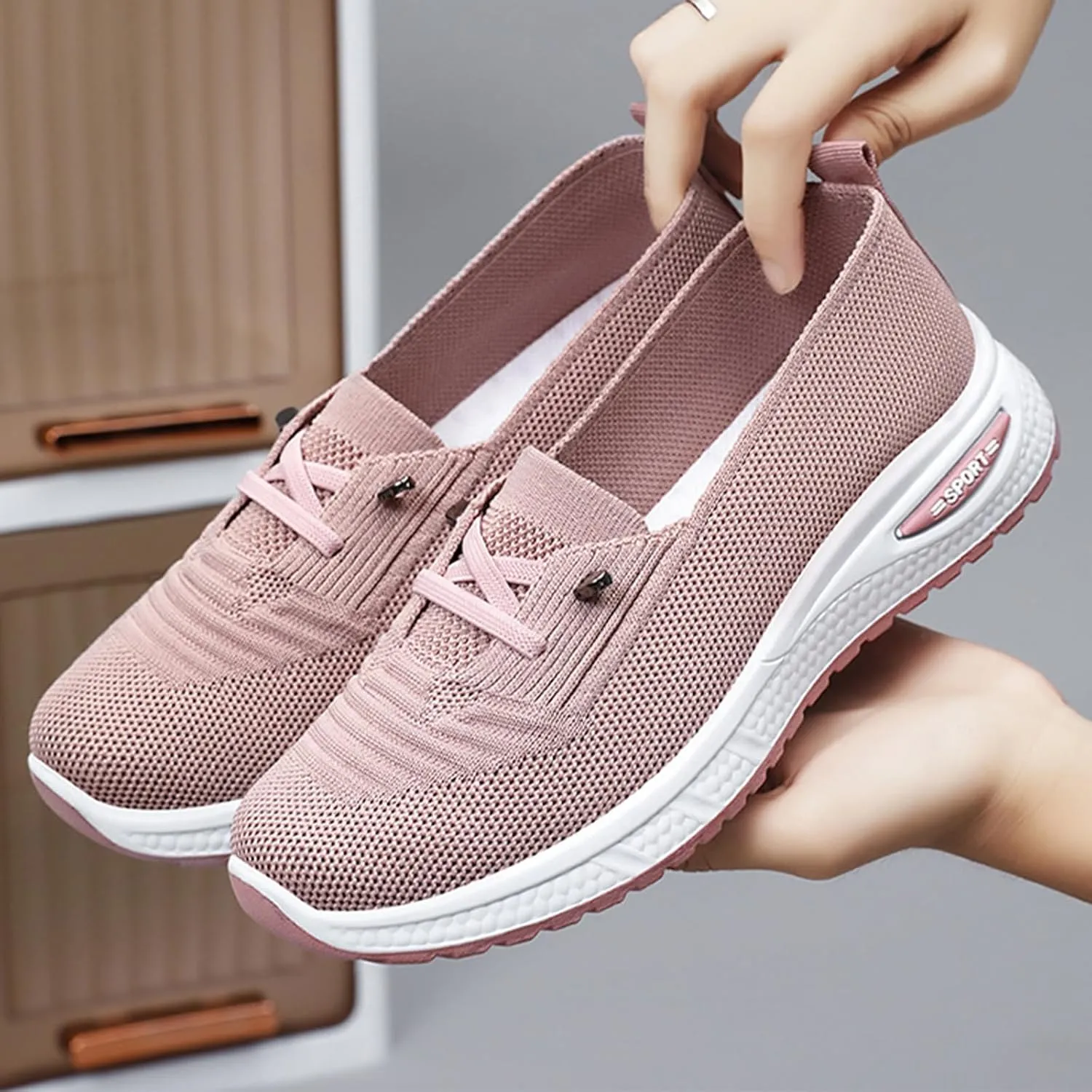 Women's Breathable Knitted Mesh Slip-On Loafers Lace Up Lightweight Orthopedic Low Top Soft Sole Sneakers Platform Non-Slip Outdoor Sport Tennis Shoes