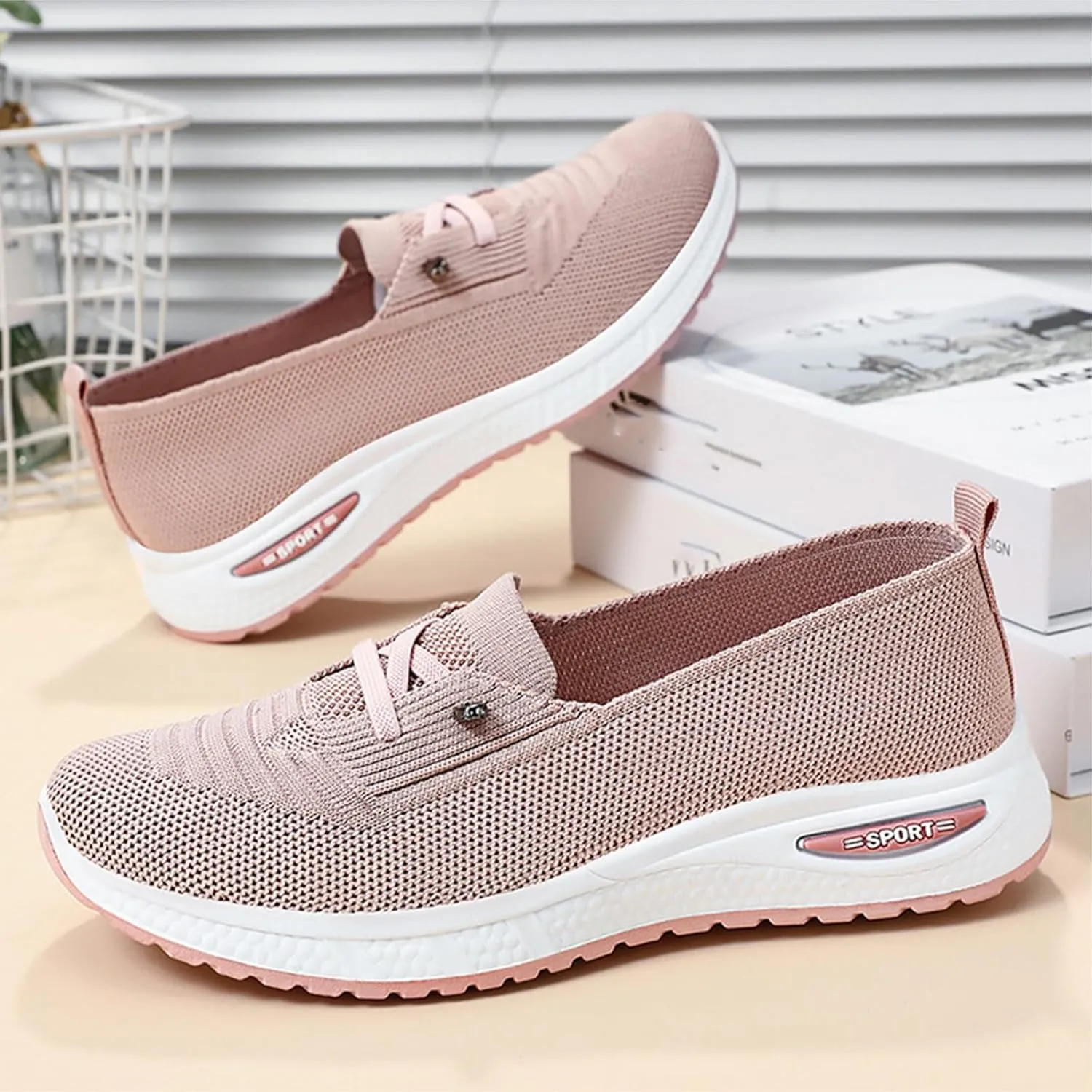 Women's Breathable Knitted Mesh Slip-On Loafers Lace Up Lightweight Orthopedic Low Top Soft Sole Sneakers Platform Non-Slip Outdoor Sport Tennis Shoes