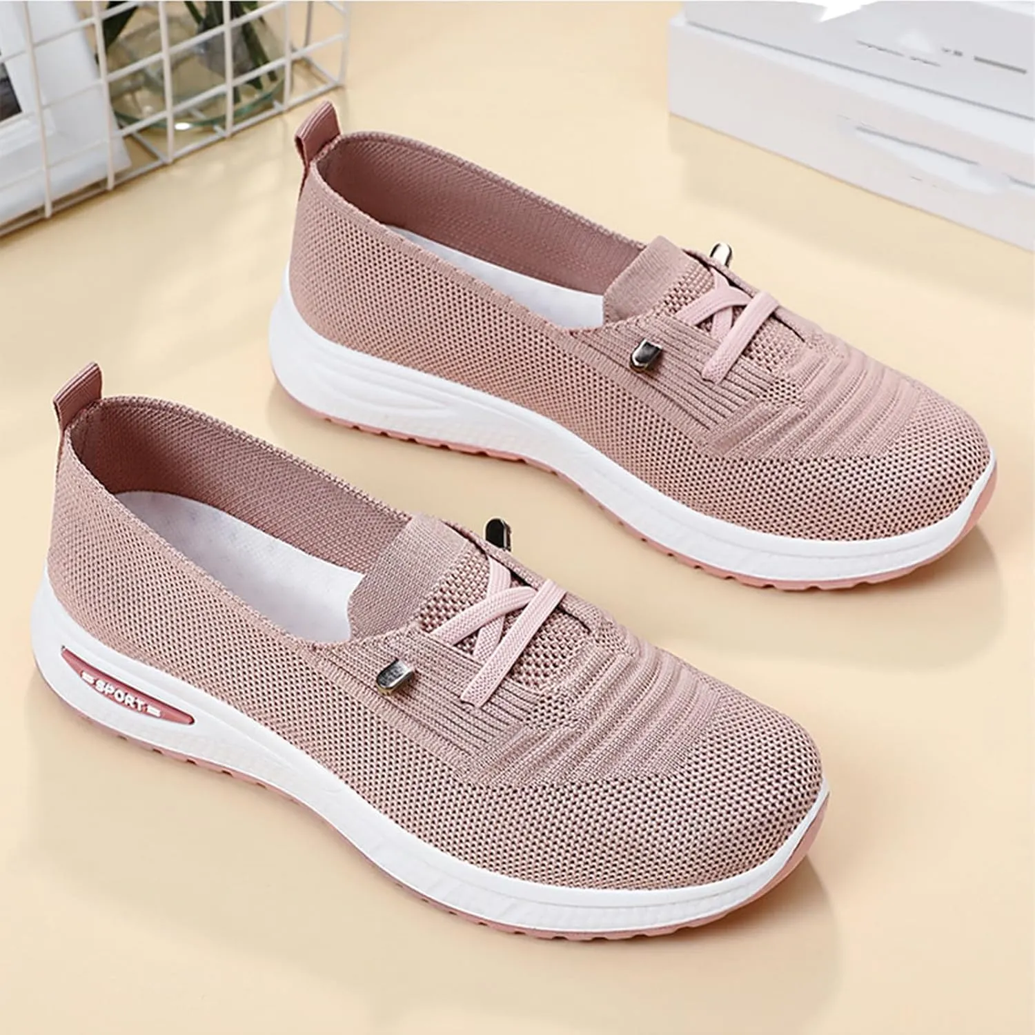 Women's Breathable Knitted Mesh Slip-On Loafers Lace Up Lightweight Orthopedic Low Top Soft Sole Sneakers Platform Non-Slip Outdoor Sport Tennis Shoes