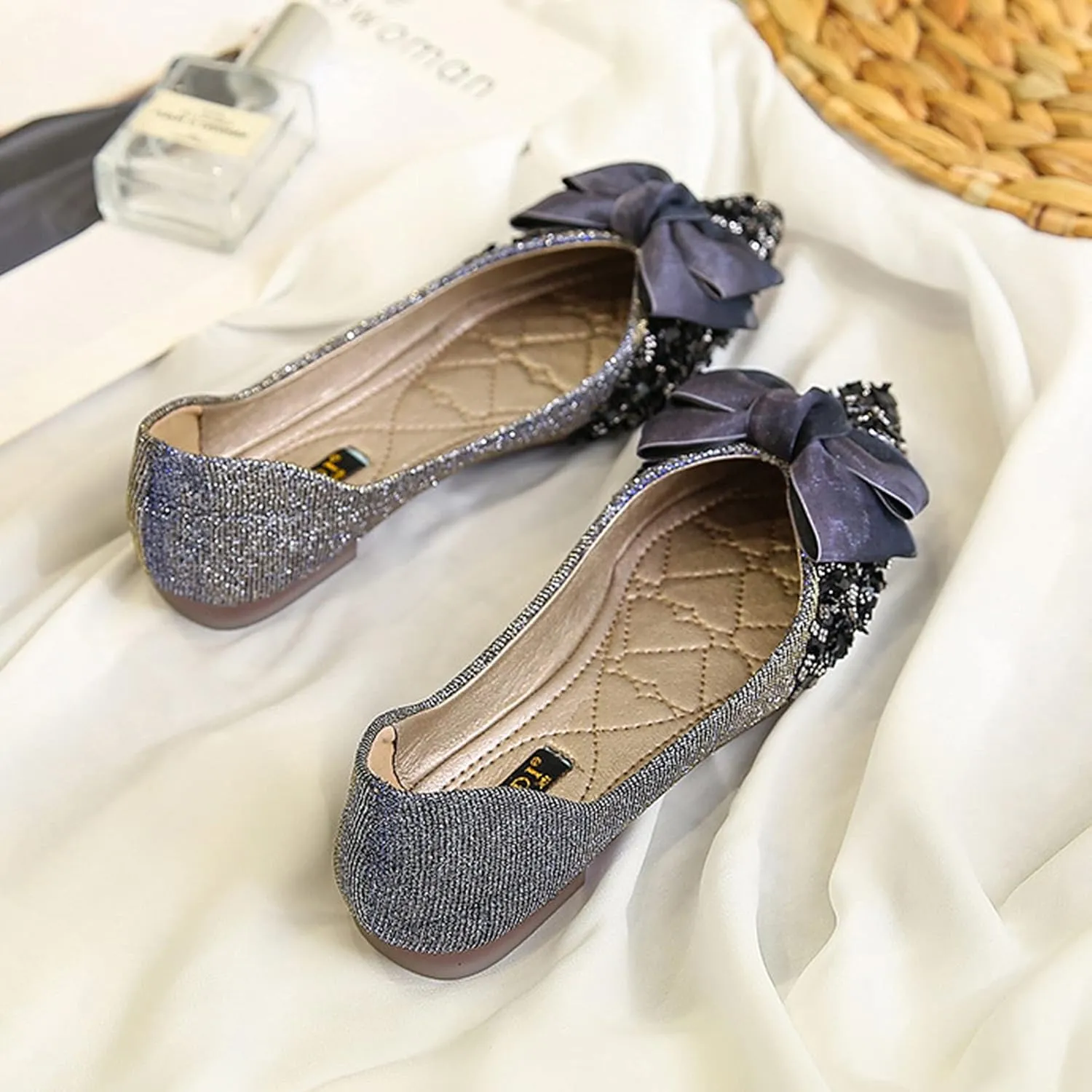 Women's Classic Bow-Knot Square Toe Ballerina Ballet Flats Slip on Dress Party Flat Shoes
