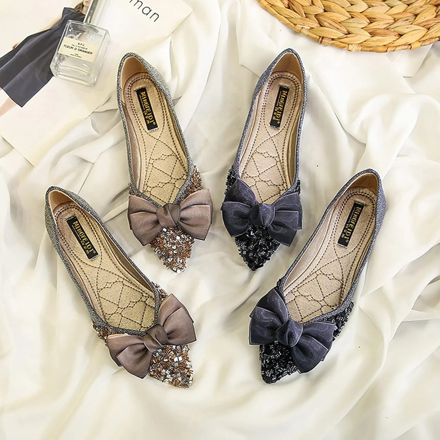 Women's Classic Bow-Knot Square Toe Ballerina Ballet Flats Slip on Dress Party Flat Shoes