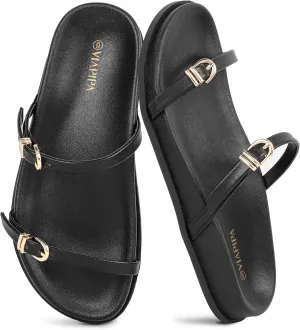 Women's Comfortable Casual Denim Fringe Slide Sandals with Soft Footbed and Stylish Double Metal Buckles