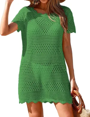 Womens Crochet Knit Swimsuit Coverup Beach Dress Summer 2025 Boat Neck Cap Sleeve Wave Trim Bathing Suit Cover Up