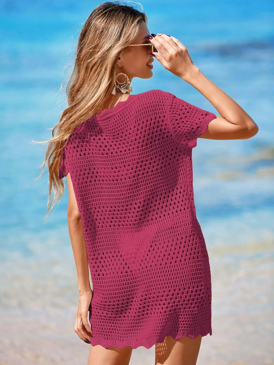 Womens Crochet Knit Swimsuit Coverup Beach Dress Summer 2025 Boat Neck Cap Sleeve Wave Trim Bathing Suit Cover Up