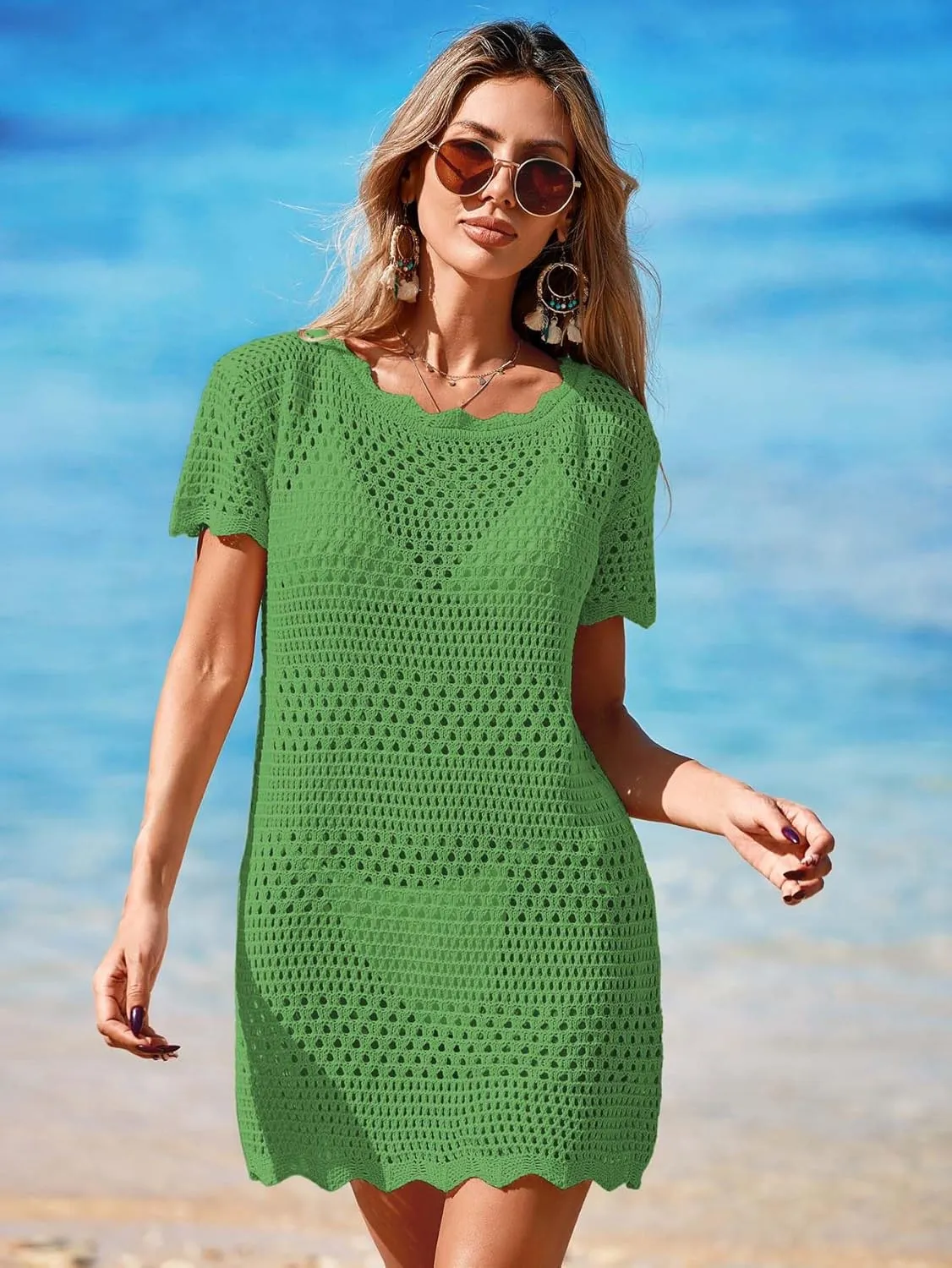 Womens Crochet Knit Swimsuit Coverup Beach Dress Summer 2025 Boat Neck Cap Sleeve Wave Trim Bathing Suit Cover Up