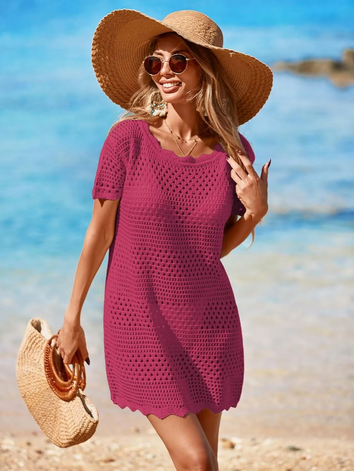 Womens Crochet Knit Swimsuit Coverup Beach Dress Summer 2025 Boat Neck Cap Sleeve Wave Trim Bathing Suit Cover Up