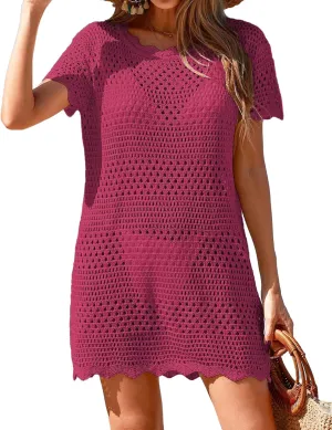 Womens Crochet Knit Swimsuit Coverup Beach Dress Summer 2025 Boat Neck Cap Sleeve Wave Trim Bathing Suit Cover Up