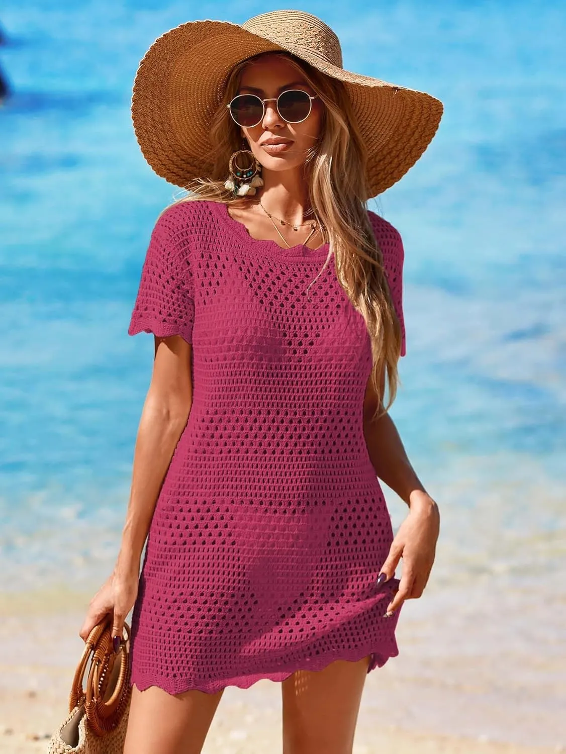 Womens Crochet Knit Swimsuit Coverup Beach Dress Summer 2025 Boat Neck Cap Sleeve Wave Trim Bathing Suit Cover Up