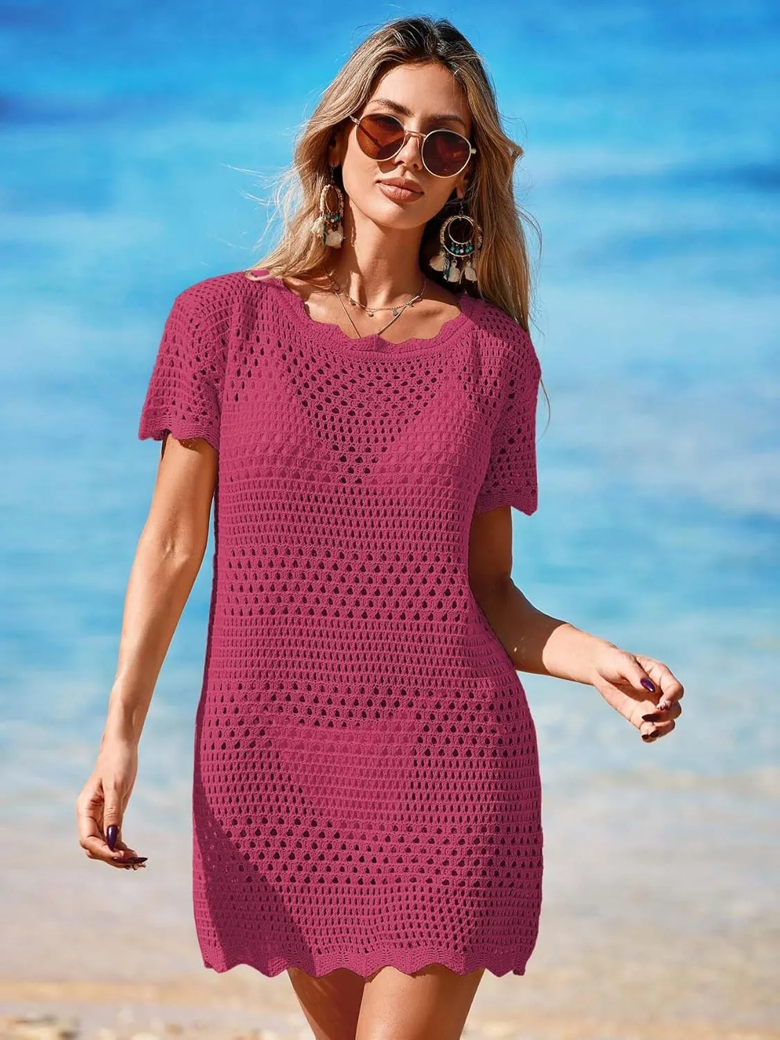 Womens Crochet Knit Swimsuit Coverup Beach Dress Summer 2025 Boat Neck Cap Sleeve Wave Trim Bathing Suit Cover Up
