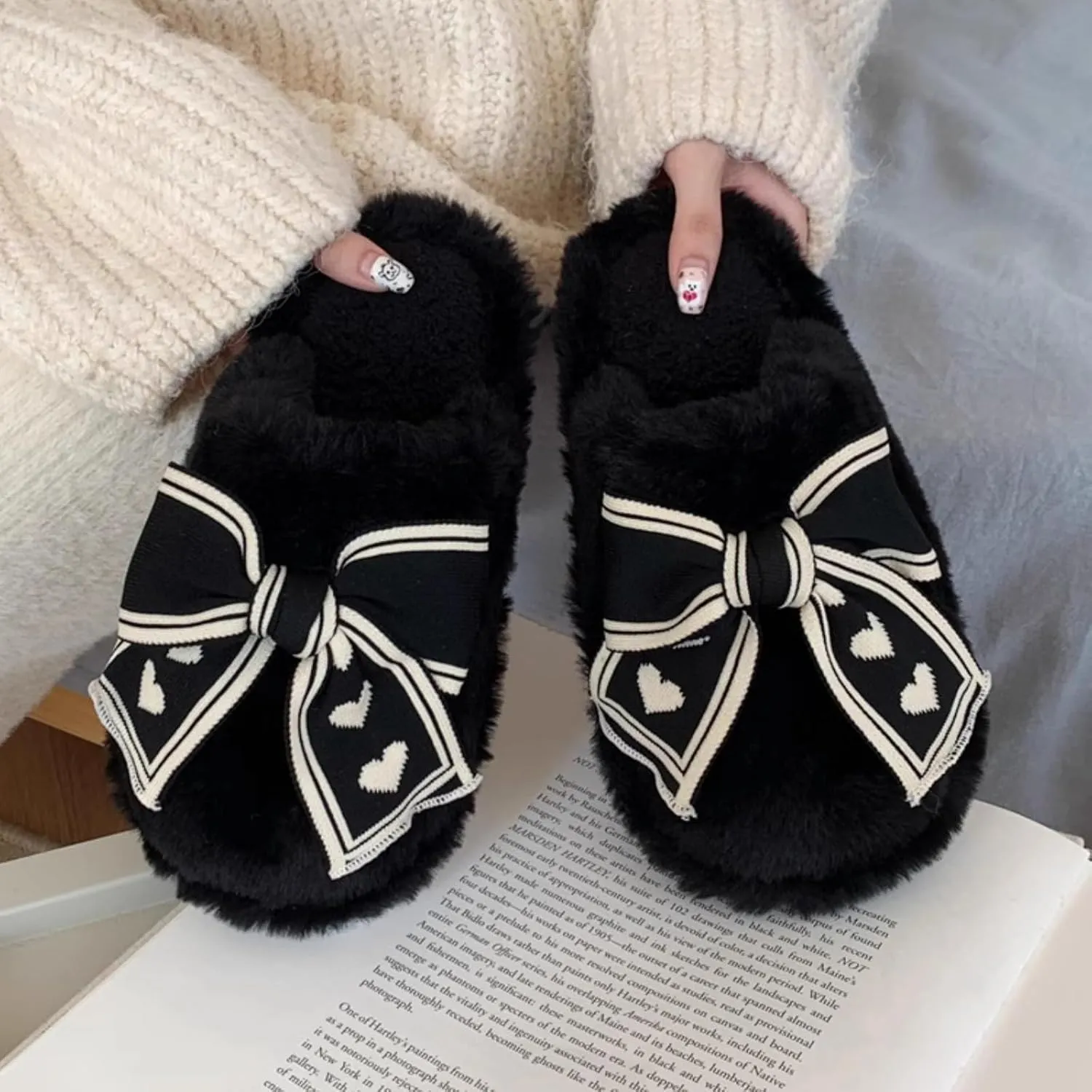 Women's Cute Bowknot Fuzzy Plush Slippers for Winter Indoor Slip-Ons