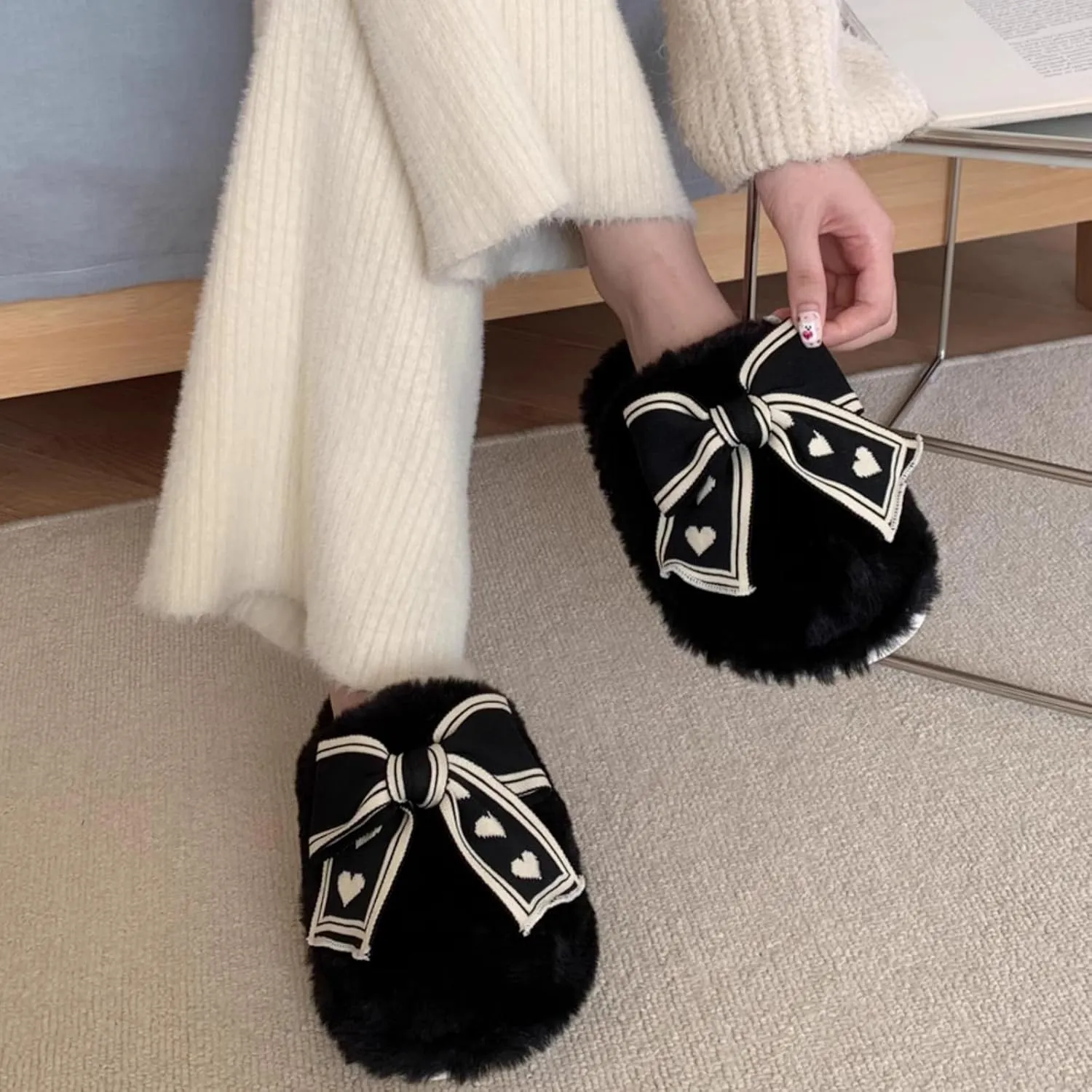 Women's Cute Bowknot Fuzzy Plush Slippers for Winter Indoor Slip-Ons